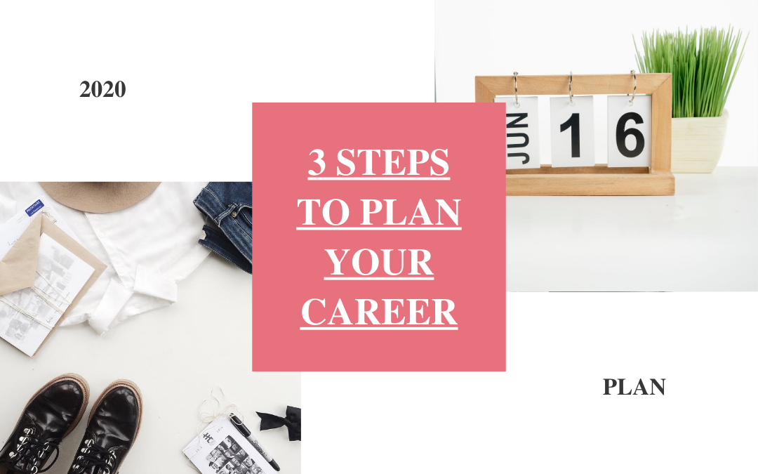pink box with text 3 steps to plan your career upper right box with date jun 16 bottom left box with shoes a hat and paper